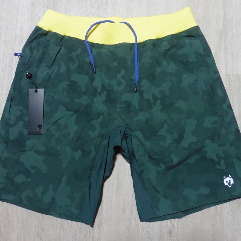 GREYSON Mens L LARGE FULTON SHORTS CAMO SCAREB GREEN LINED 9" GOLF WORKOUT
